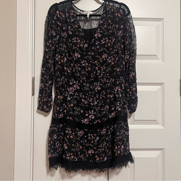 Joie Dresses & Skirts - Joie Black Silk Dress with Pink and Purple Floral and Lace